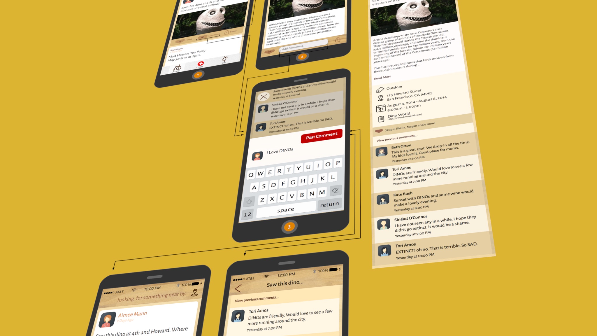Mobile design screens that shows how to quickly comment on a post