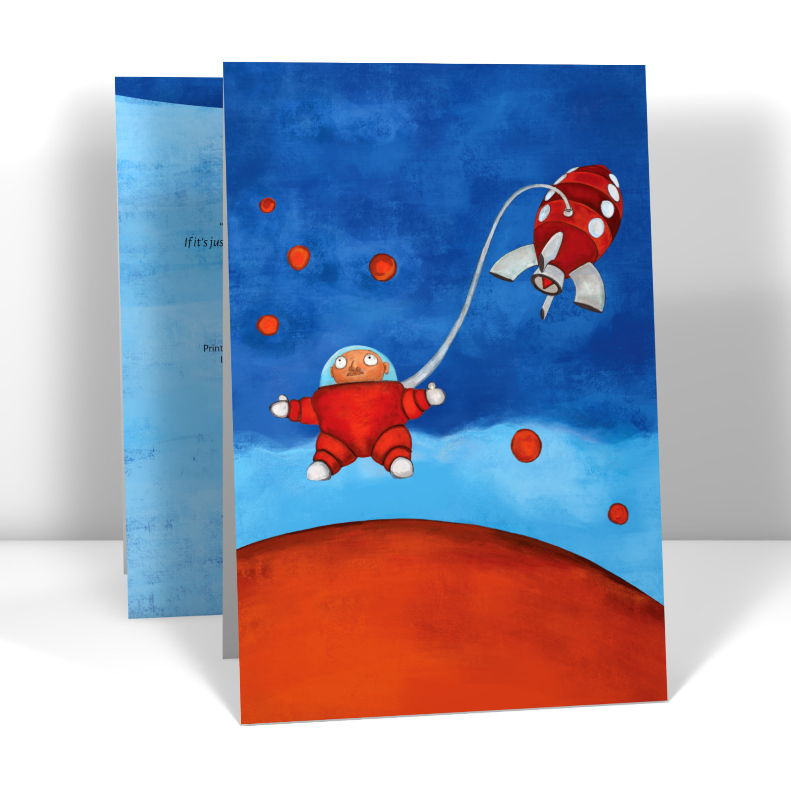 Painting of a person in space tethered to a rocket