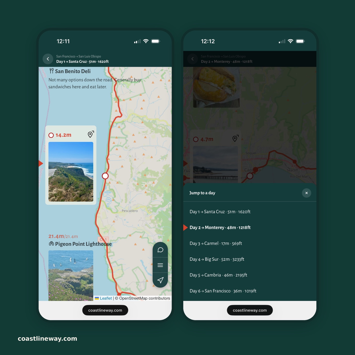 Two phone screens: stops with photos along the route map, and the Jump to a day menu